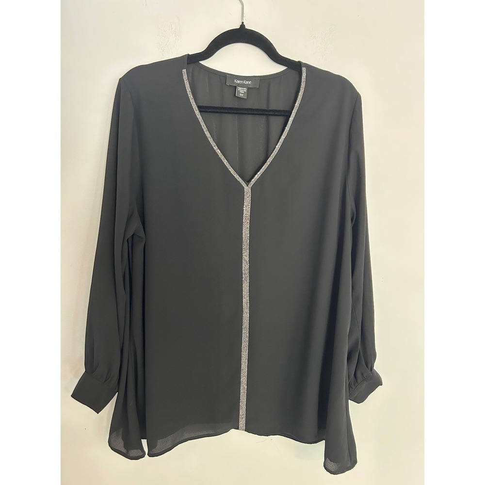 Karen Kane Black Rhinestone Trim V-Neck Blouse Long Sleeve Plus Size 0X AL25432W